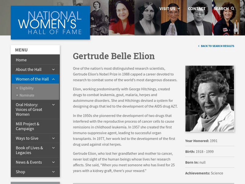 National Women's Hall of Fame: Gertrude Belle Elion Handout National Women's Hall of Fame: Gertrude Belle Elion Handout