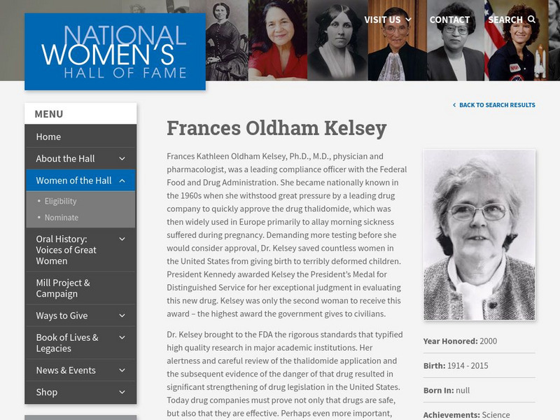 National Women's Hall of Fame: Frances Oldham Kelsey Website National Women's Hall of Fame: Frances Oldham Kelsey Website