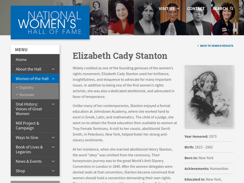 National Women's Hall of Fame: Elizabeth Cady Stanton Handout National Women's Hall of Fame: Elizabeth Cady Stanton Handout