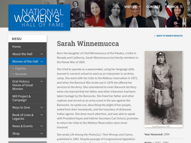 National Women's Hall of Fame: Sarah Winnemucca Handout National Women's Hall of Fame: Sarah Winnemucca Handout