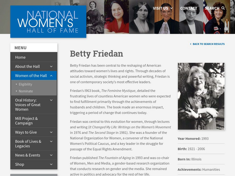 National Women's Hall of Fame: Betty Friedan Handout National Women's Hall of Fame: Betty Friedan Handout