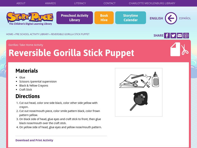 Story Place: Reversible Gorilla Stick Puppet Activity Story Place: Reversible Gorilla Stick Puppet Activity