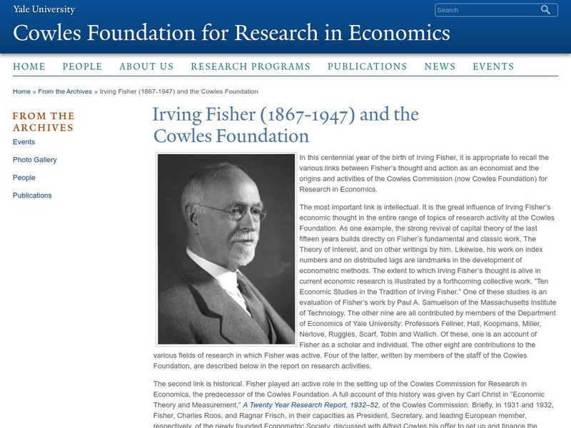 Yale University: Irving Fisher and the Cowles Foundation Handout