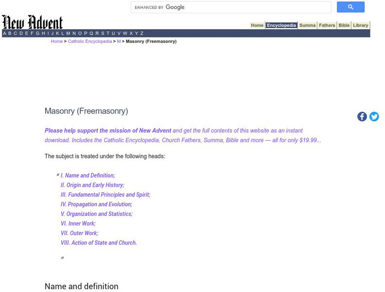 Catholic Encyclopedia: Masonry (Freemasonry) Handout Catholic Encyclopedia: Masonry (Freemasonry) Handout