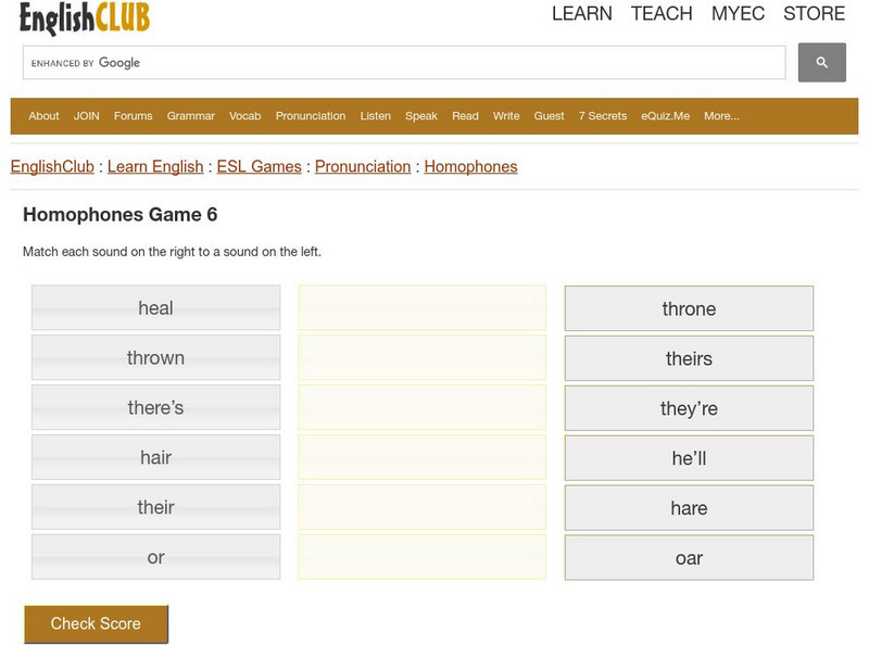 English Club: Esl Games: Matching Homophones: Game 6 Interactive English Club: Esl Games: Matching Homophones: Game 6 Interactive