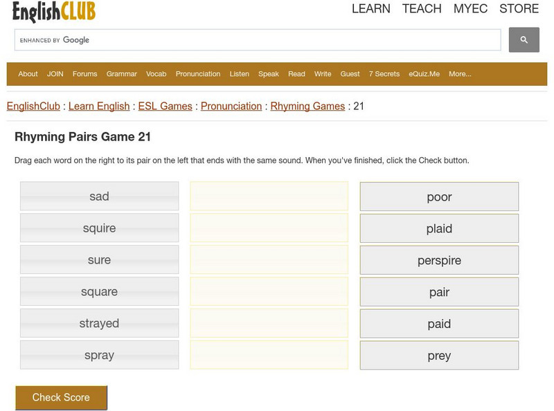 English Club: Esl Games: Rhyming Pairs: Game21 Interactive English Club: Esl Games: Rhyming Pairs: Game21 Interactive