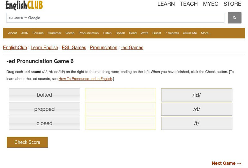 English Club: Esl Games: Ed Pronunciation Games: Game 6 Interactive