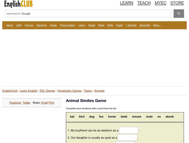 English Club: Vocabulary: Cloze Games: Animals Cloze 9 Interactive