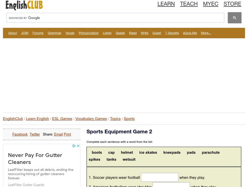 English Club: Vocabulary: Cloze Games: Sports Cloze 2 Interactive English Club: Vocabulary: Cloze Games: Sports Cloze 2 Interactive