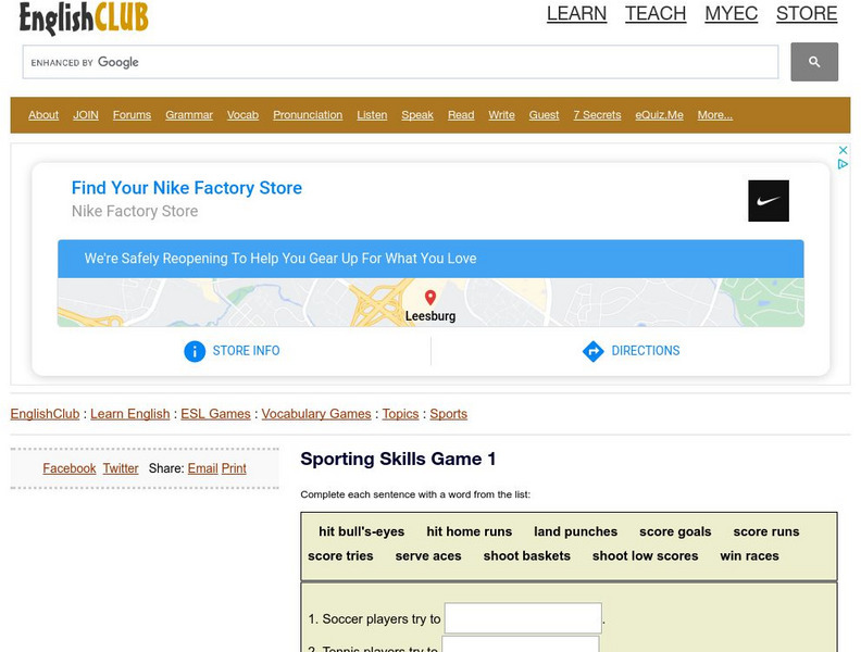 English Club: Vocabulary: Cloze Games: Sports Cloze 5 Interactive English Club: Vocabulary: Cloze Games: Sports Cloze 5 Interactive