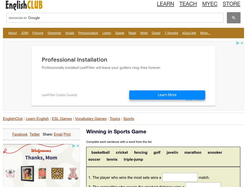 English Club: Vocabulary: Cloze Games: Sports Cloze 7 Interactive English Club: Vocabulary: Cloze Games: Sports Cloze 7 Interactive