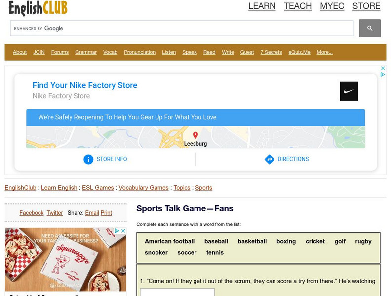 English Club: Vocabulary: Cloze Games: Sports Cloze 9 Interactive English Club: Vocabulary: Cloze Games: Sports Cloze 9 Interactive