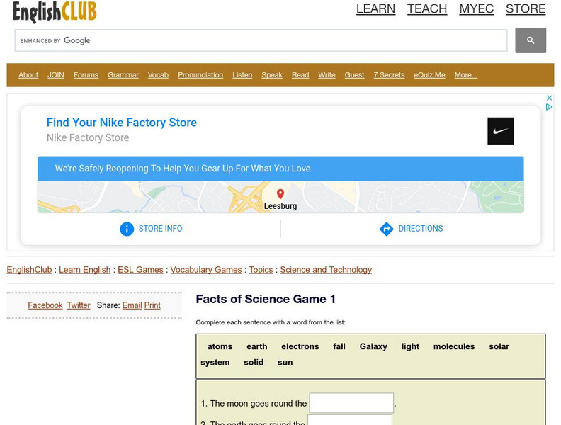 English Club: Vocabulary: Cloze Games: Science 1 Interactive English Club: Vocabulary: Cloze Games: Science 1 Interactive