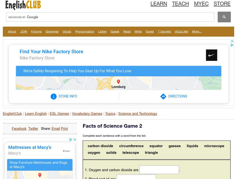 English Club: Vocabulary: Cloze Games: Science 2 Interactive English Club: Vocabulary: Cloze Games: Science 2 Interactive