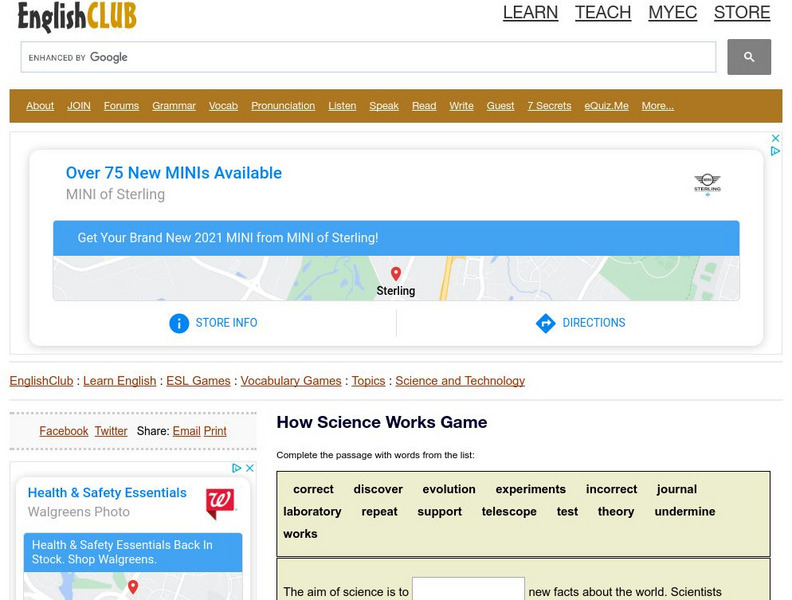 English Club: Vocabulary: Cloze Games: Science 3 Interactive English Club: Vocabulary: Cloze Games: Science 3 Interactive
