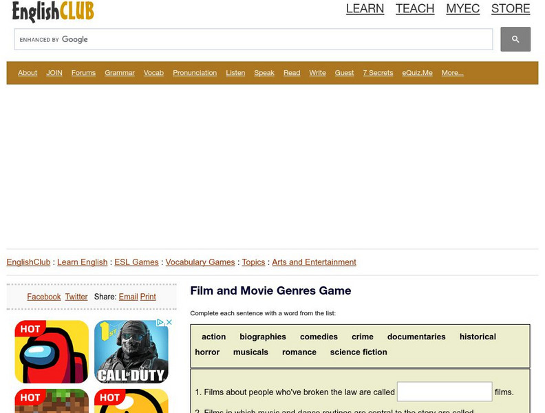 English Club: Vocabulary: Cloze Games: Arts 5 Interactive