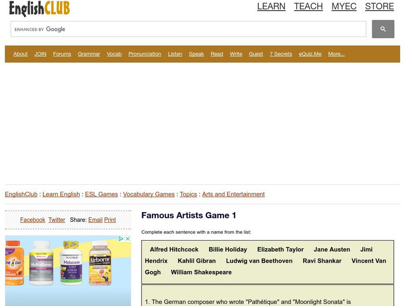 English Club: Vocabulary: Cloze Games: Arts 8 Interactive English Club: Vocabulary: Cloze Games: Arts 8 Interactive