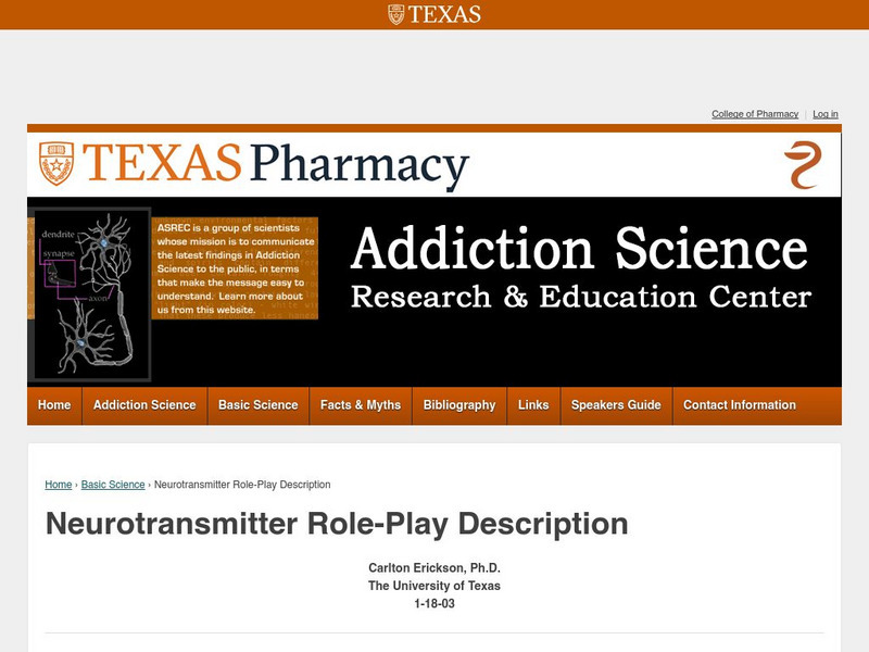 University of Texas: Neurotransmitter Role Play Description Handout University of Texas: Neurotransmitter Role Play Description Handout