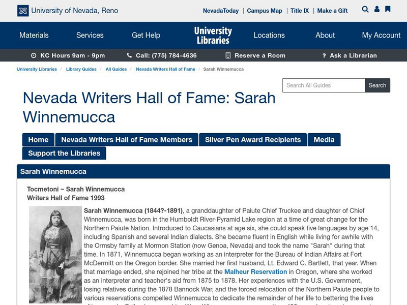 Nevada Writers Hall of Fame: Tocmetoni Sarah Winnemucca Handout Nevada Writers Hall of Fame: Tocmetoni Sarah Winnemucca Handout