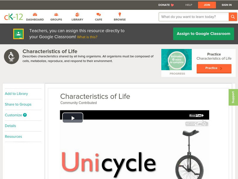 Ck 12: Characteristics of Life Instructional Video Ck 12: Characteristics of Life Instructional Video