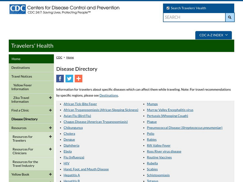 Centers for Disease Control: Travelers' Health: Disease Directory Website Centers for Disease Control: Travelers' Health: Disease Directory Website