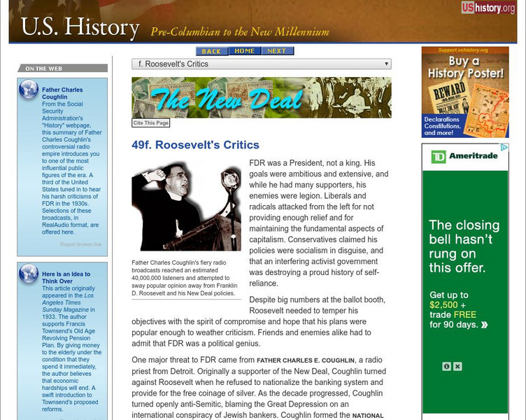 U.s. History: Roosevelt's Critics Website U.s. History: Roosevelt's Critics Website