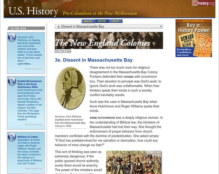 U.s. History: New England Colonies: Dissent in Massachusetts Bay Website U.s. History: New England Colonies: Dissent in Massachusetts Bay Website