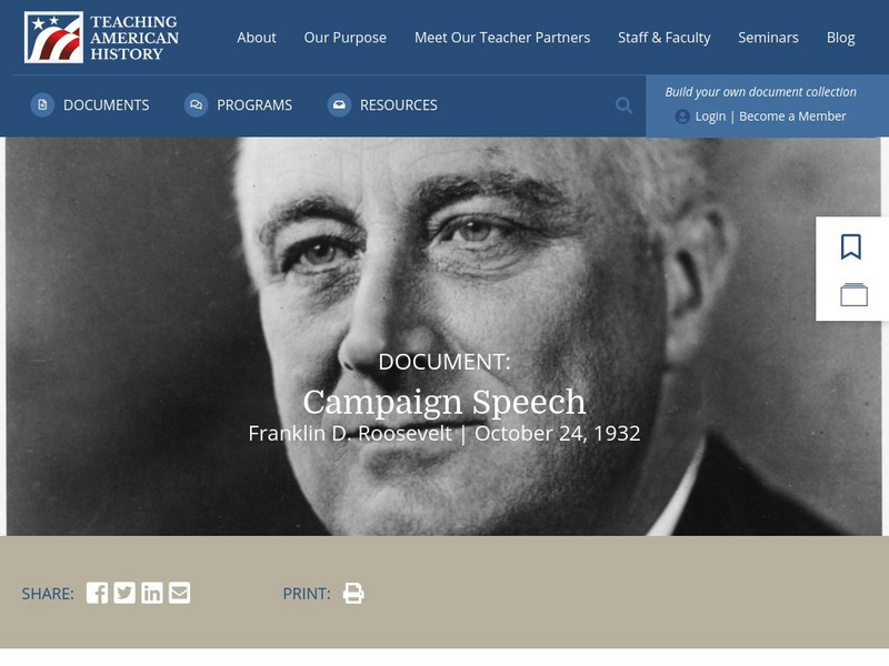 Teaching American History: Franklin D. Roosevelt: Campaign Speech Primary Teaching American History: Franklin D. Roosevelt: Campaign Speech Primary