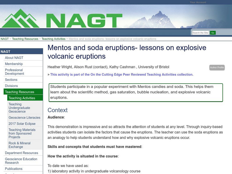 Serc: Mentos and Soda Eruptions: Lessons on Explosive Volcanic Eruptions Lesson Plan Serc: Mentos and Soda Eruptions: Lessons on Explosive Volcanic Eruptions Lesson Plan