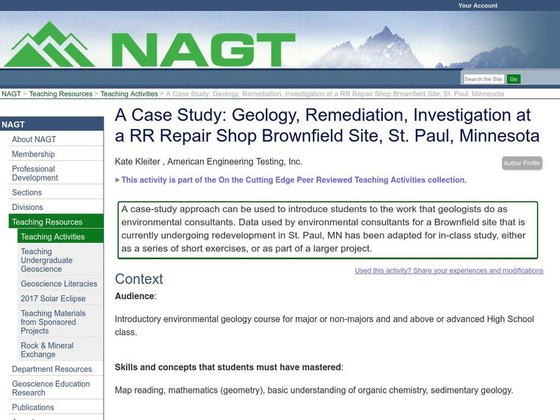 Nagt.org:geology, Remediation, Investigation at a Rr Repair Shop Brownfield Site Lesson Plan Nagt.org:geology, Remediation, Investigation at a Rr Repair Shop Brownfield Site Lesson Plan