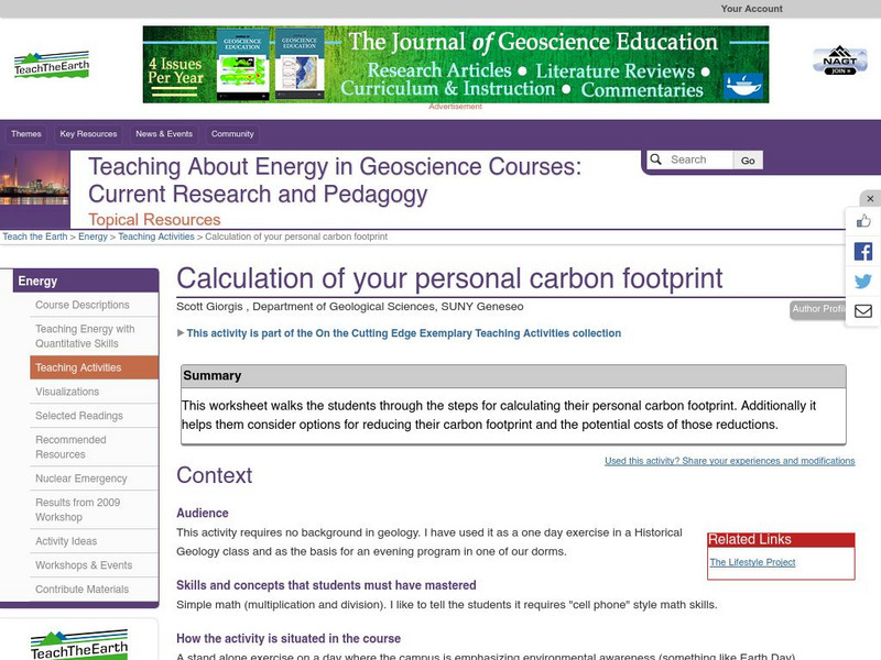 Serc: Calculation of Your Personal Carbon Footprint Lesson Plan Serc: Calculation of Your Personal Carbon Footprint Lesson Plan
