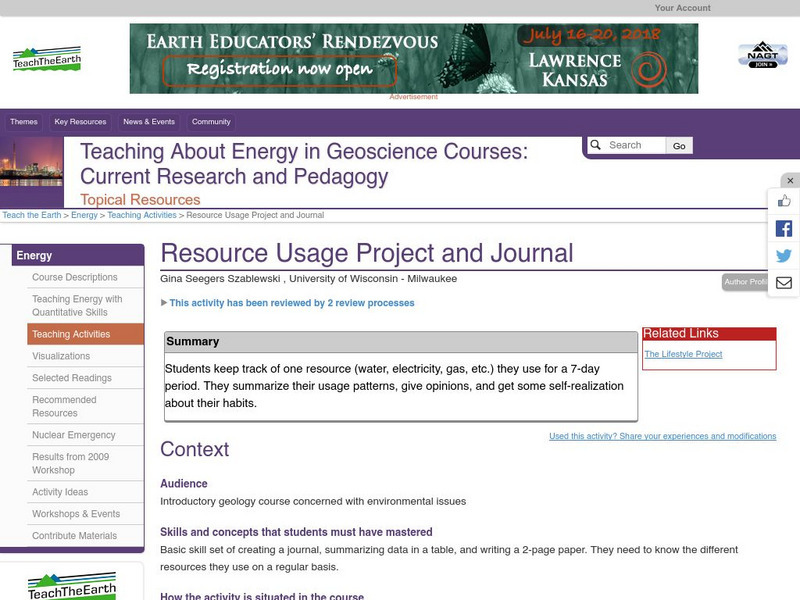 Serc: Resource Usage Project and Journal Lesson Plan Serc: Resource Usage Project and Journal Lesson Plan