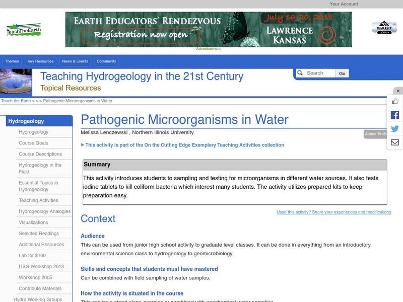Serc: Pathogenic Microorganisms in Water Lesson Plan Serc: Pathogenic Microorganisms in Water Lesson Plan