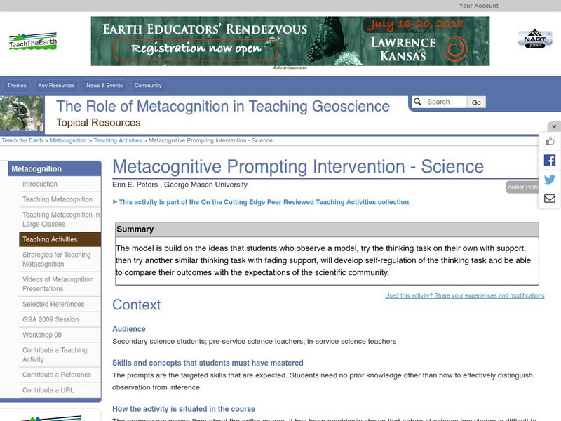 Serc: Metacognitive Prompting Intervention: Science Lesson Plan Serc: Metacognitive Prompting Intervention: Science Lesson Plan