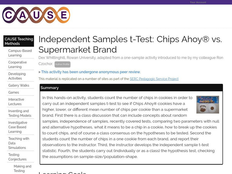 Serc: Independent Samples T Test: Chips Ahoy vs. Supermarket Brand Lesson Plan Serc: Independent Samples T Test: Chips Ahoy vs. Supermarket Brand Lesson Plan