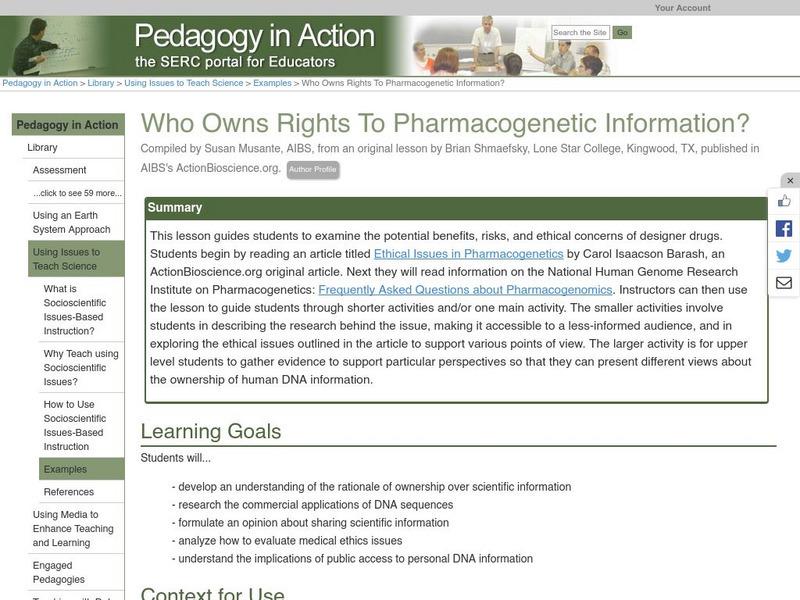 Serc: Who Owns Rights to Pharmacogenetic Information? Lesson Plan Serc: Who Owns Rights to Pharmacogenetic Information? Lesson Plan