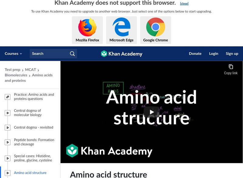 Khan Academy: Test Prep: Mcat: Biomolecules: Amino Acids and Proteins: Amino Acid Structure Instructional Video