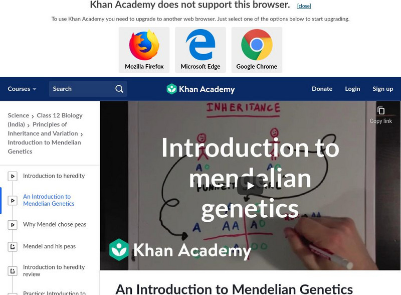 Khan Academy: Science: Biology: Principles of Inheritance and Variation: An Introduction to Mendelian Genetics Instructional Video Khan Academy: Science: Biology: Principles of Inheritance and Variation: An Introduction to Mendelian Genetics Instructional Video