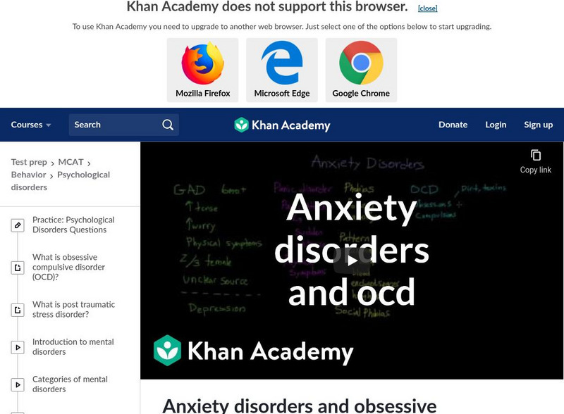 Khan Academy: Test Prep: Mcat: Behavior: Psychological Disorders: Anxiety Disorders and Obsessive Compulsive Disorder Instructional Video Khan Academy: Test Prep: Mcat: Behavior: Psychological Disorders: Anxiety Disorders and Obsessive Compulsive Disorder Instructional Video
