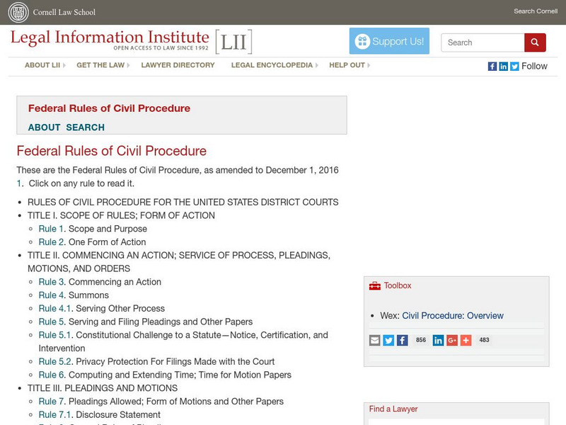 Cornell University: Law School: Federal Rules of Civil Procedure (1999) Website Cornell University: Law School: Federal Rules of Civil Procedure (1999) Website