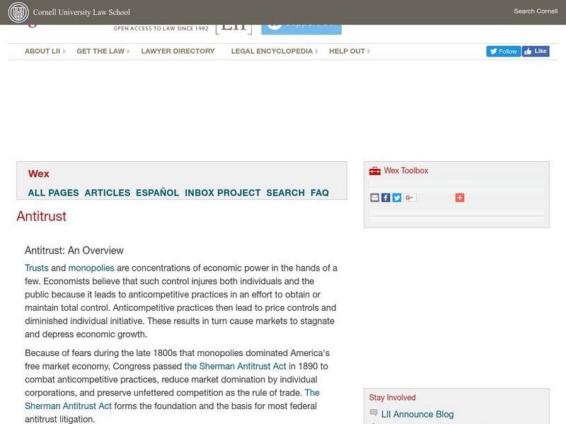 Cornell University: Law School: Antitrust: An Overview Handout