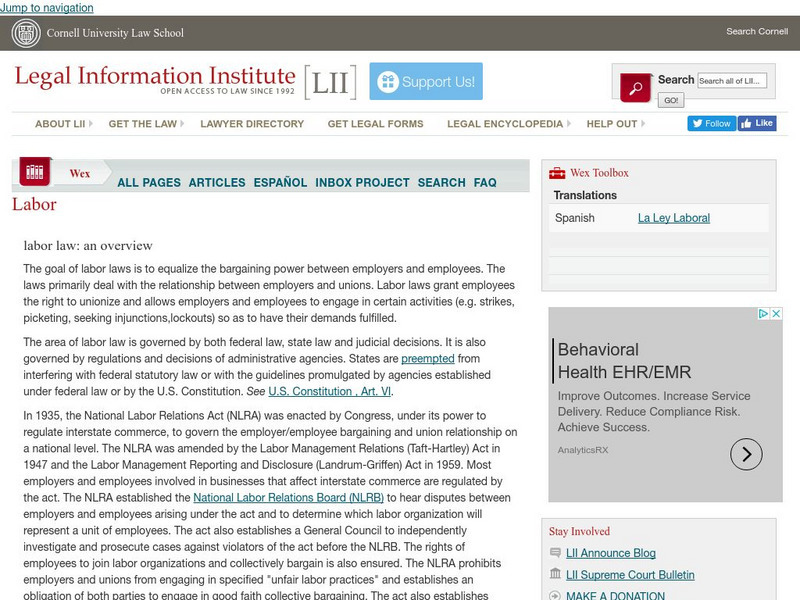 Cornell University: Law School: Labor Law: An Overview Activity Cornell University: Law School: Labor Law: An Overview Activity