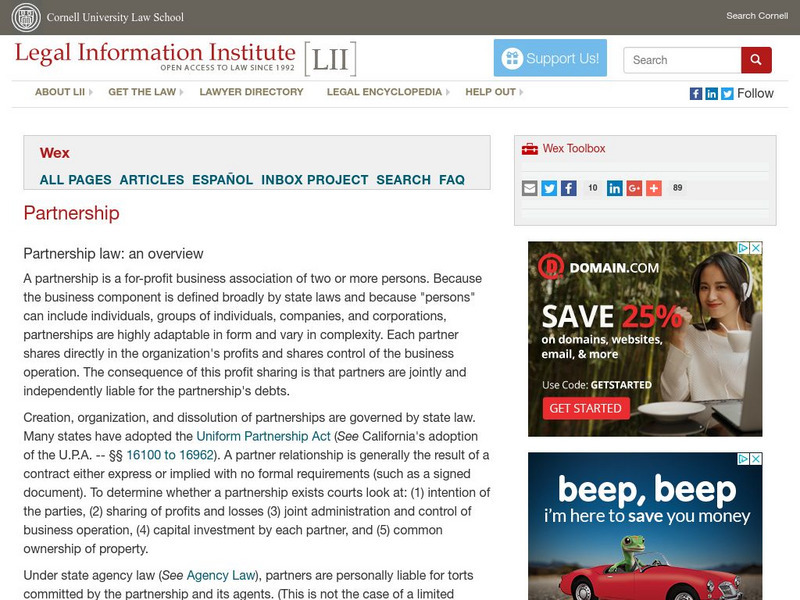 Cornell University: Law School: Partnership Law: An Overview Activity Cornell University: Law School: Partnership Law: An Overview Activity