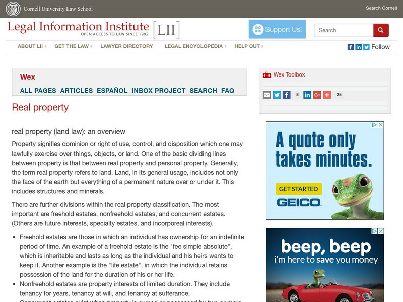 Cornell University: Law School: Real Property (Land Law) Handout Cornell University: Law School: Real Property (Land Law) Handout