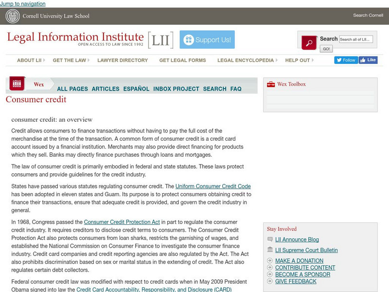 Cornell University: Law School: Consumer Credit Overview Website Cornell University: Law School: Consumer Credit Overview Website