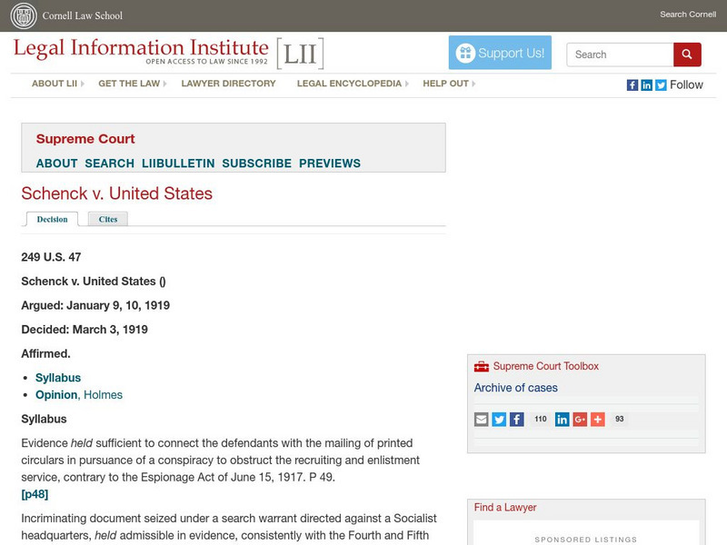 Cornell University: Law School: Schenck v. United States (1919) Primary Cornell University: Law School: Schenck v. United States (1919) Primary