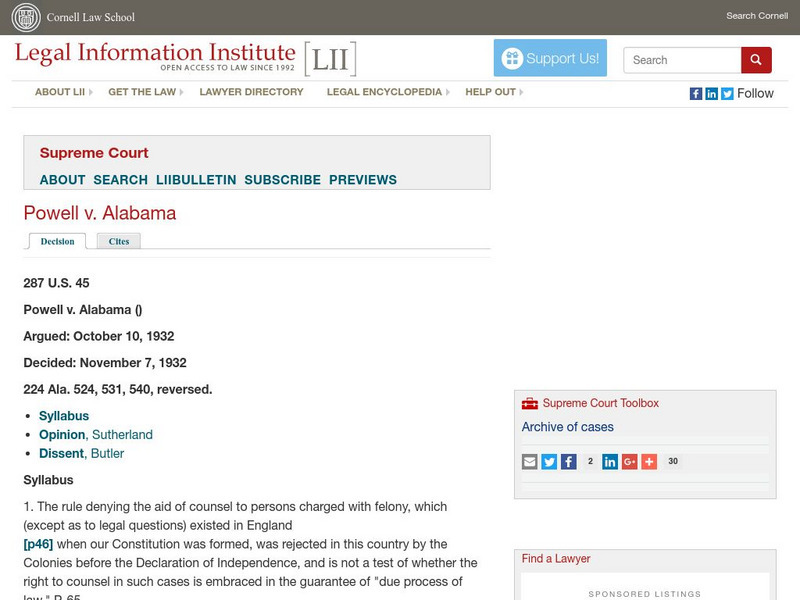 Cornell University: Law School: Powell v. Alabama Primary Cornell University: Law School: Powell v. Alabama Primary