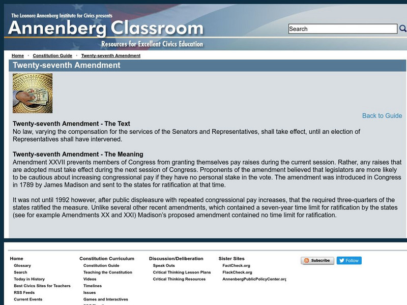 Annenberg Classroom: Twenty Seventh Amendment Handout Annenberg Classroom: Twenty Seventh Amendment Handout