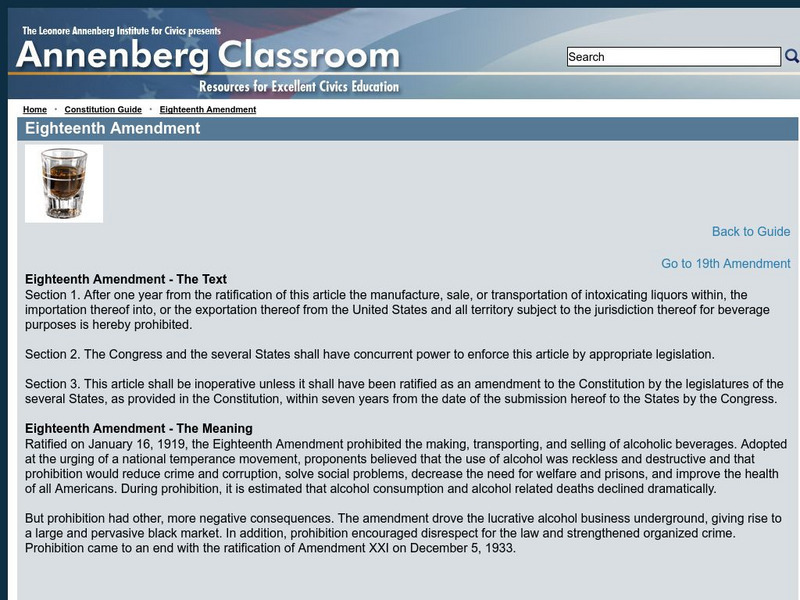 Annenberg Classroom: Eighteenth Amendment Handout Annenberg Classroom: Eighteenth Amendment Handout