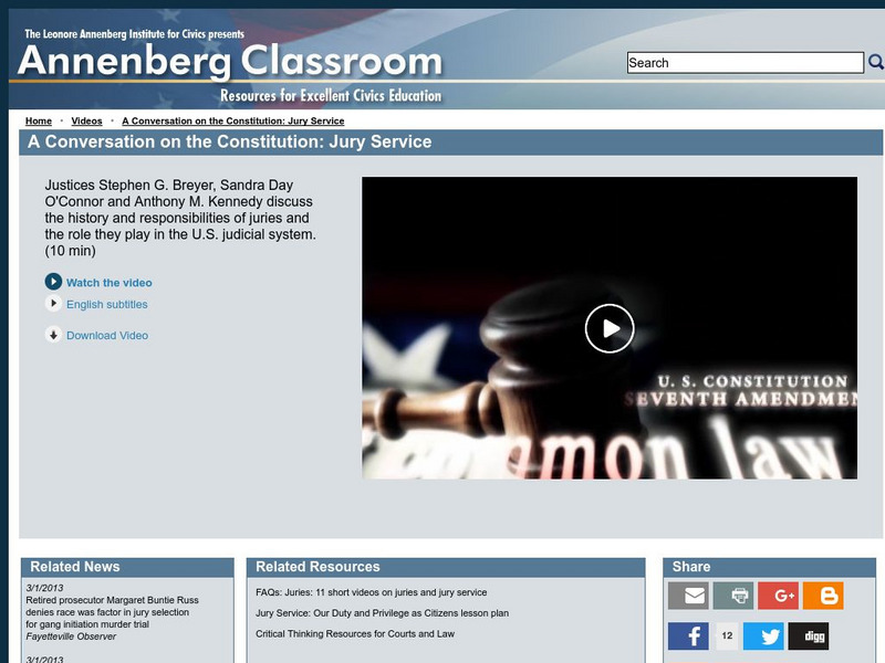 Annenberg Classroom: A Conversation on the Constitution: Jury Service Instructional Video Annenberg Classroom: A Conversation on the Constitution: Jury Service Instructional Video